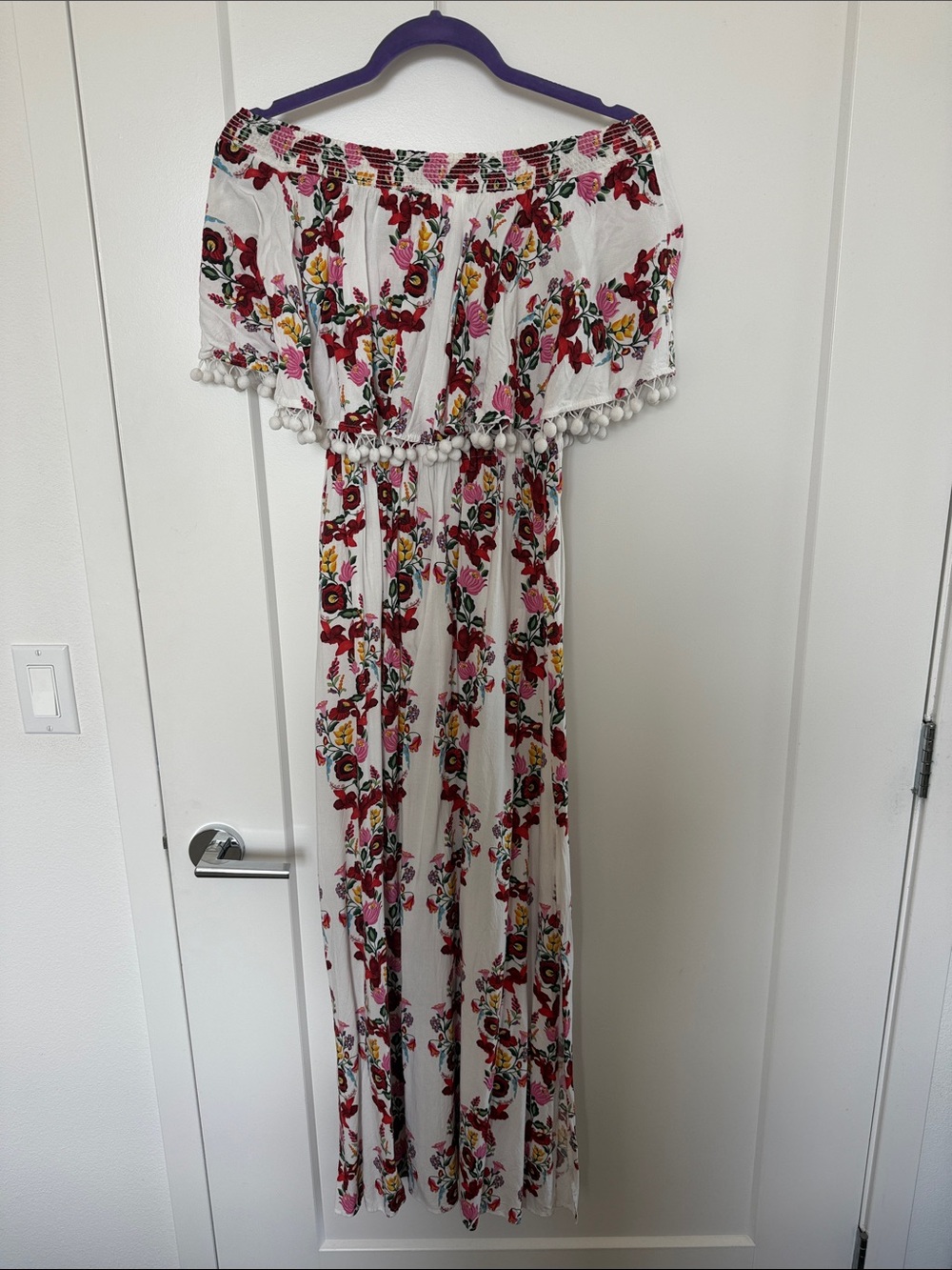 Show Me Your Mumu White Floral Off-Shoulder Romper Shorts with Pom Trim